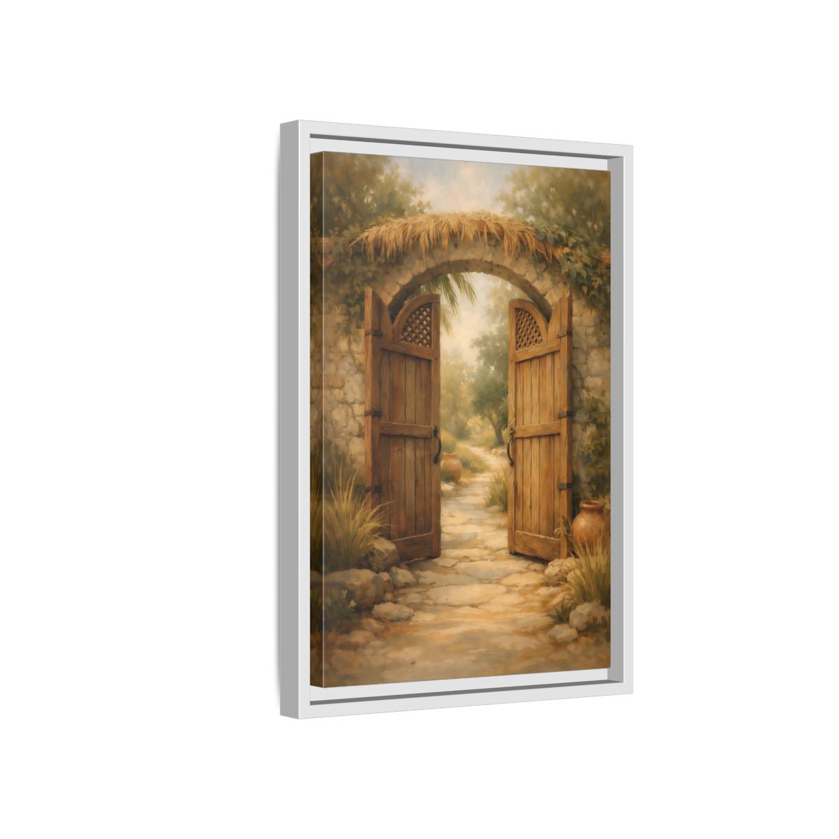 Side Mockup 4. Nature Garden Gate Earthy Garden shown as stretched canvas wall art