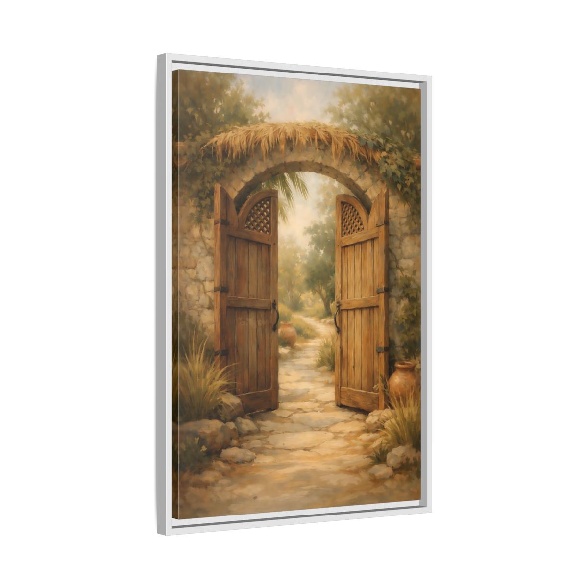 Side Mockup 11. Nature Garden Gate Earthy Garden shown as stretched canvas wall art