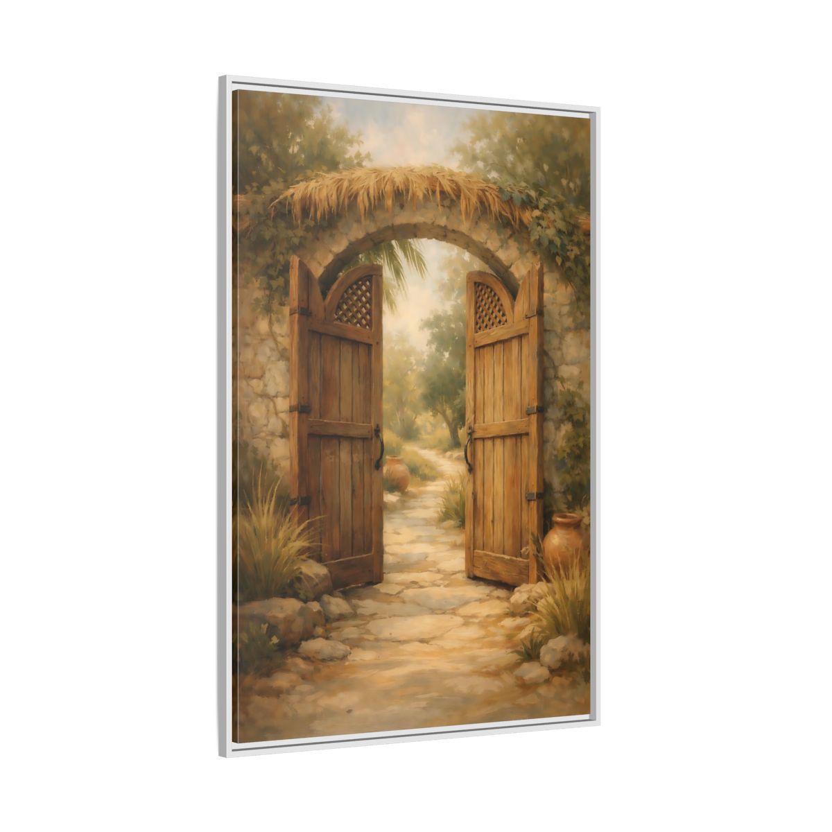 Side Mockup 7. Nature Garden Gate Earthy Garden shown as stretched canvas wall art