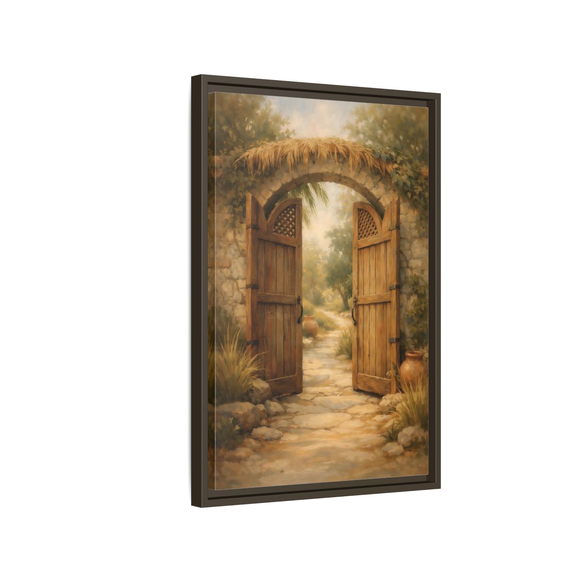 Side Mockup 2. Nature Garden Gate Earthy Garden shown as stretched canvas wall art