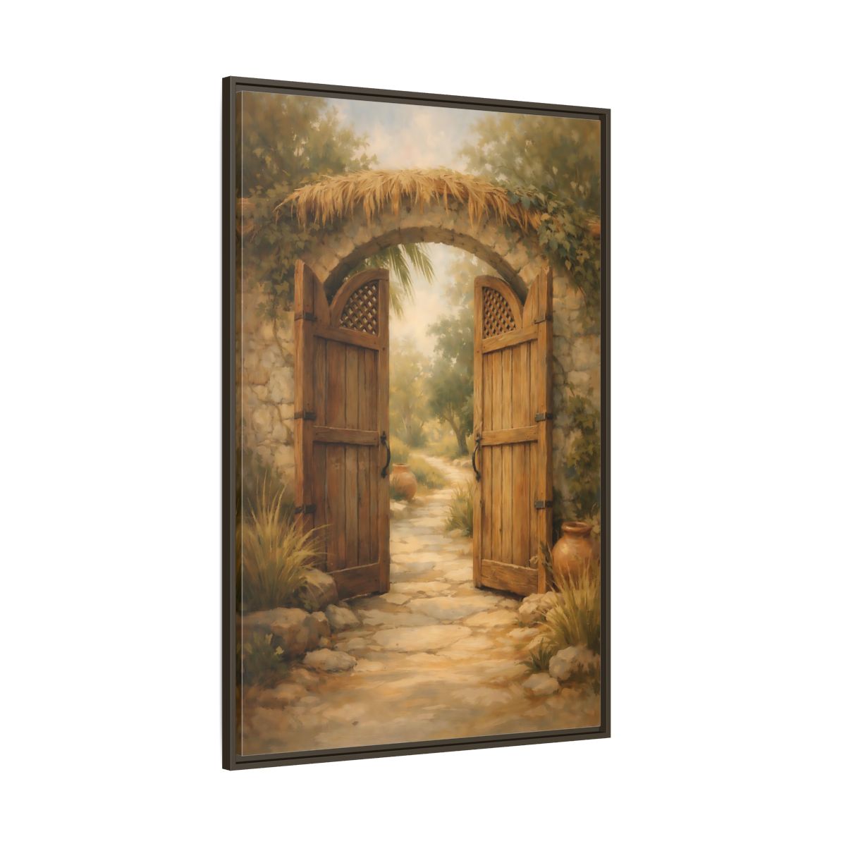 Side Mockup 8. Nature Garden Gate Earthy Garden shown as stretched canvas wall art