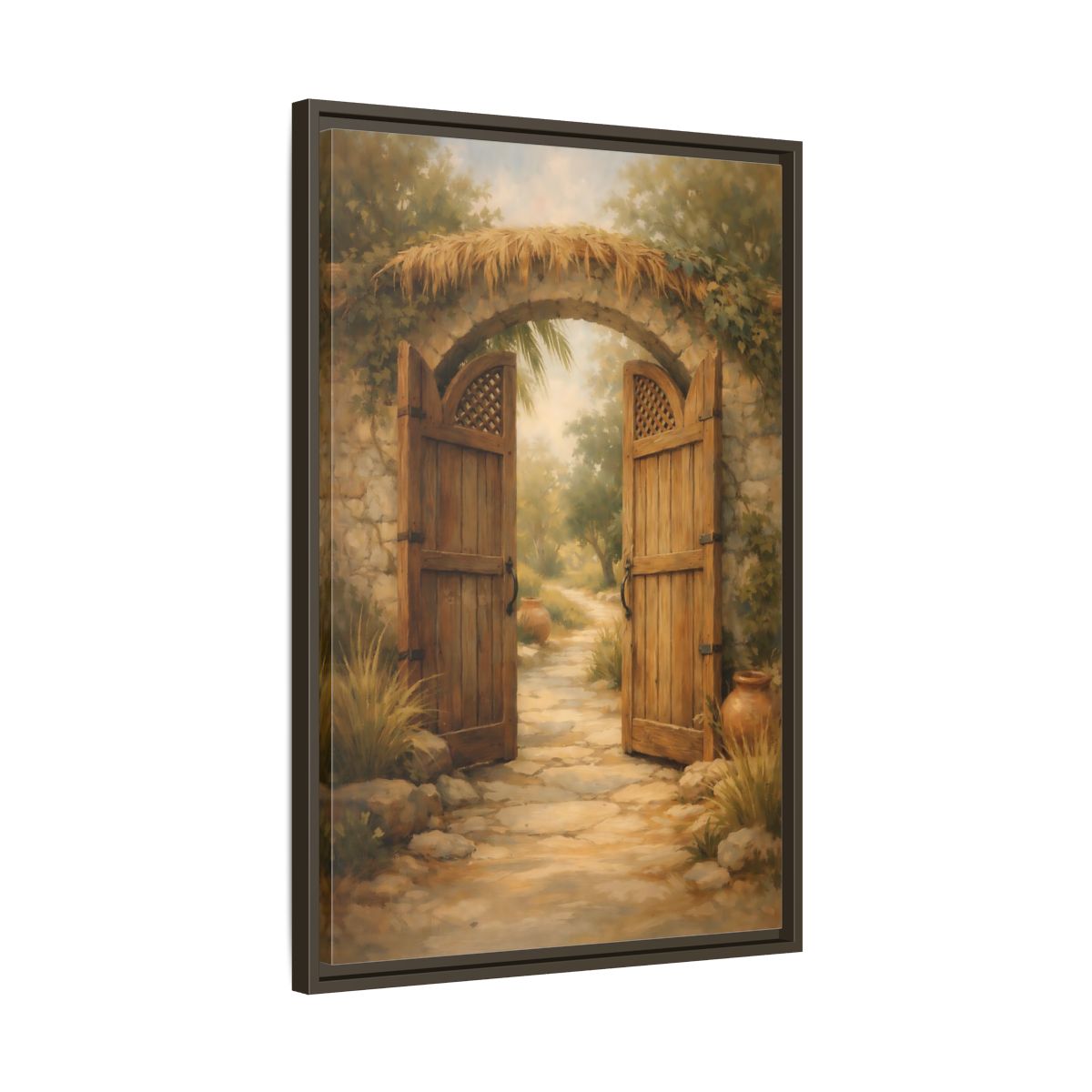 Side Mockup 12. Nature Garden Gate Earthy Garden shown as stretched canvas wall art