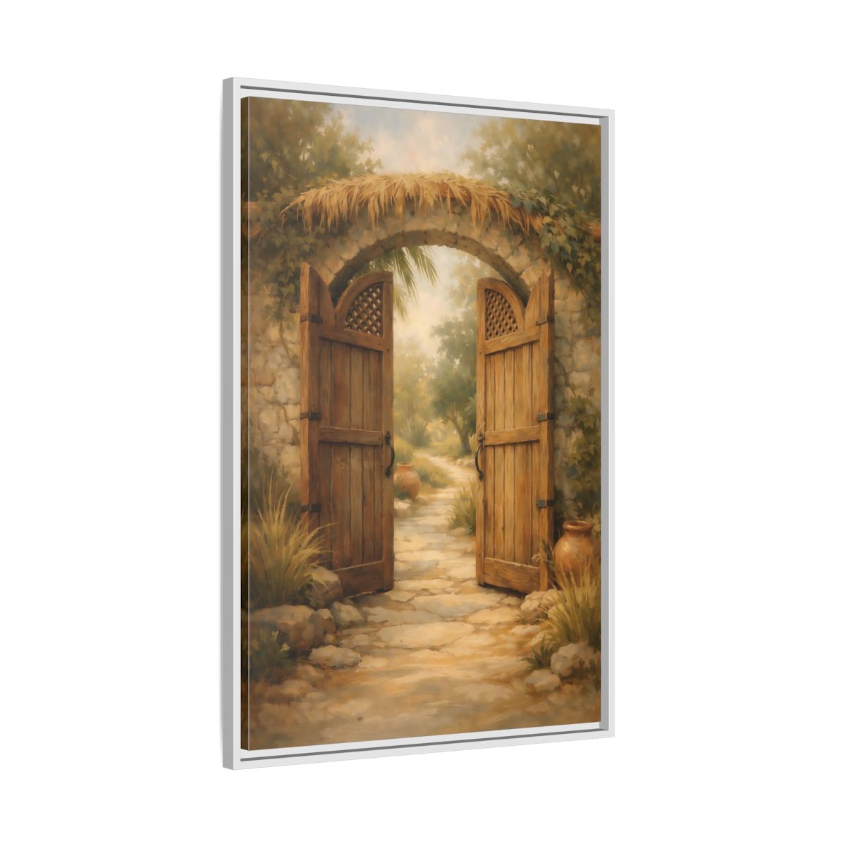 Side Mockup 9. Nature Garden Gate Earthy Garden shown as stretched canvas wall art