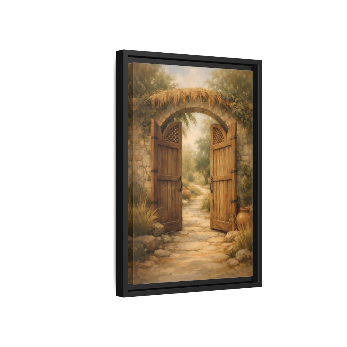 Side Mockup 6. Nature Garden Gate Earthy Garden shown as stretched canvas wall art