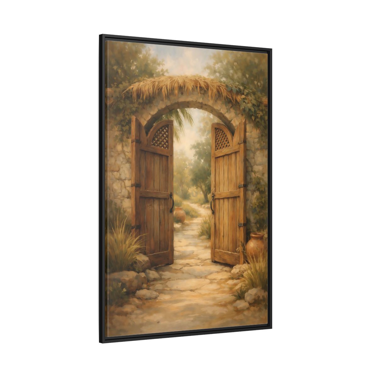 Main Mockup. Nature Garden Gate Earthy Garden shown as stretched canvas wall art