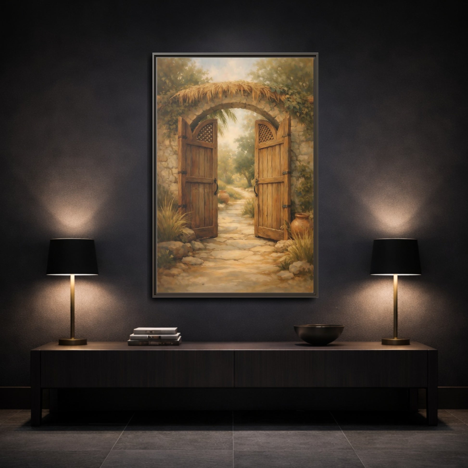 Mockup 2. Nature Garden Gate Earthy Garden shown as stretched canvas wall art