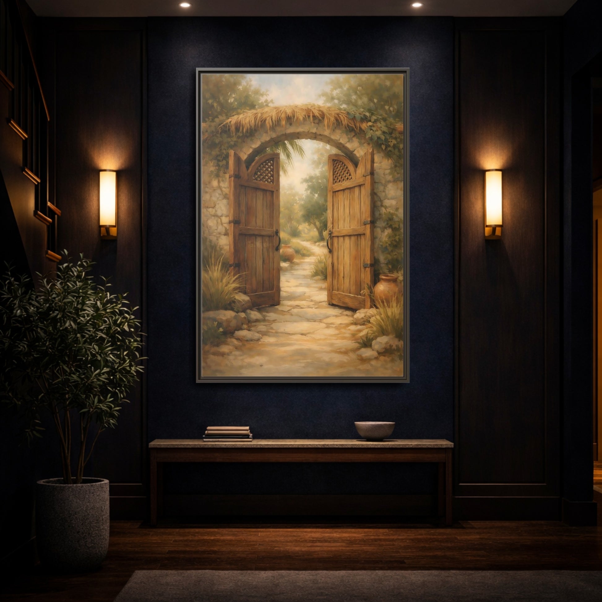 Mockup 3. Nature Garden Gate Earthy Garden shown as stretched canvas wall art