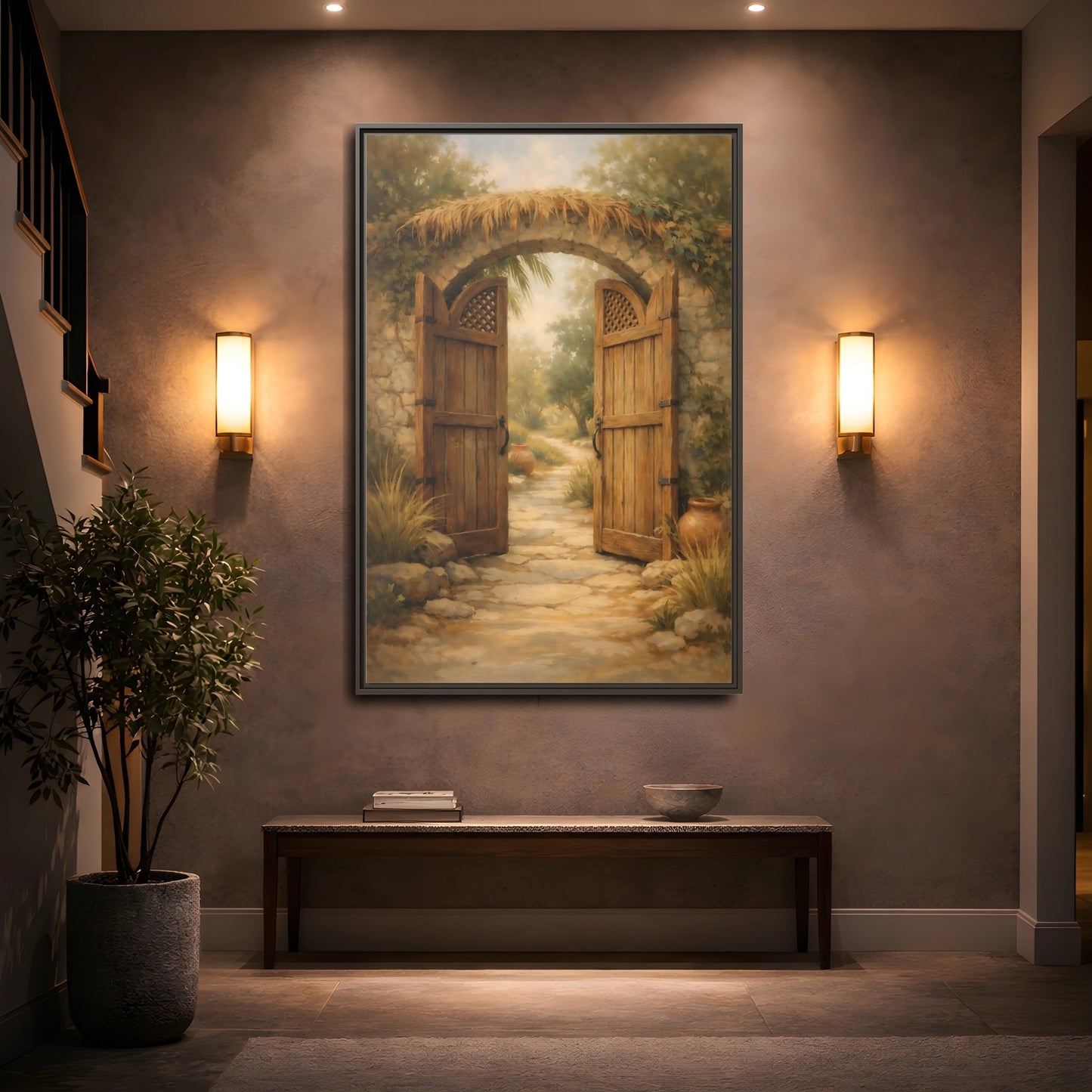 Mockup 4. Nature Garden Gate Earthy Garden shown as stretched canvas wall art