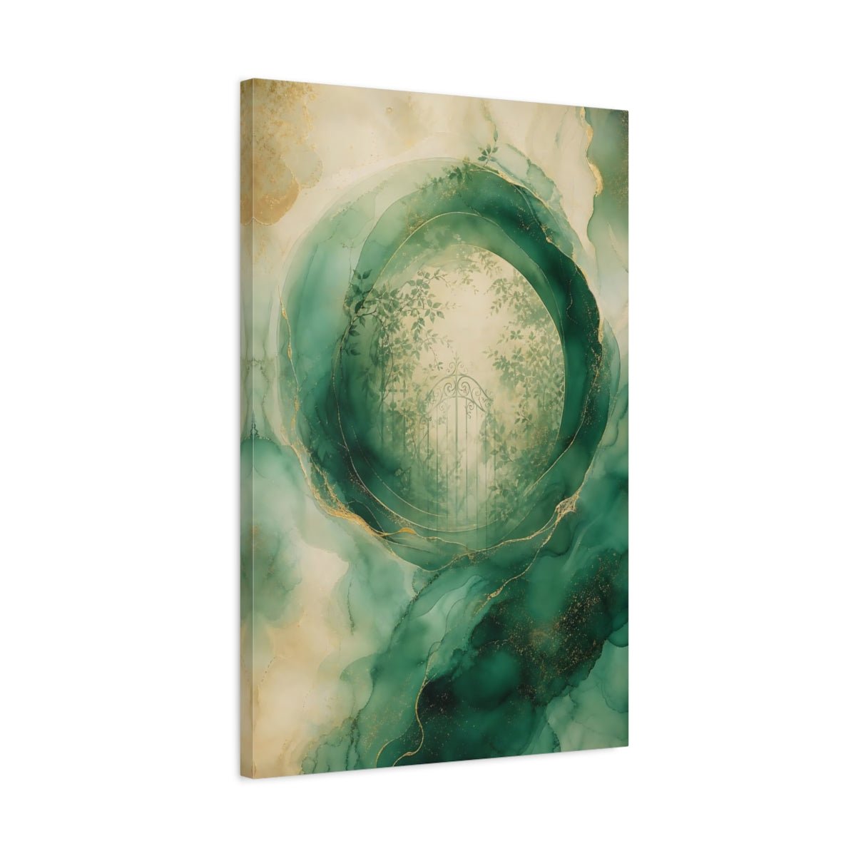 Nature Garden Gate Green And Gold Canvas Print – Living Room, Above Fireplace - YesArtYes