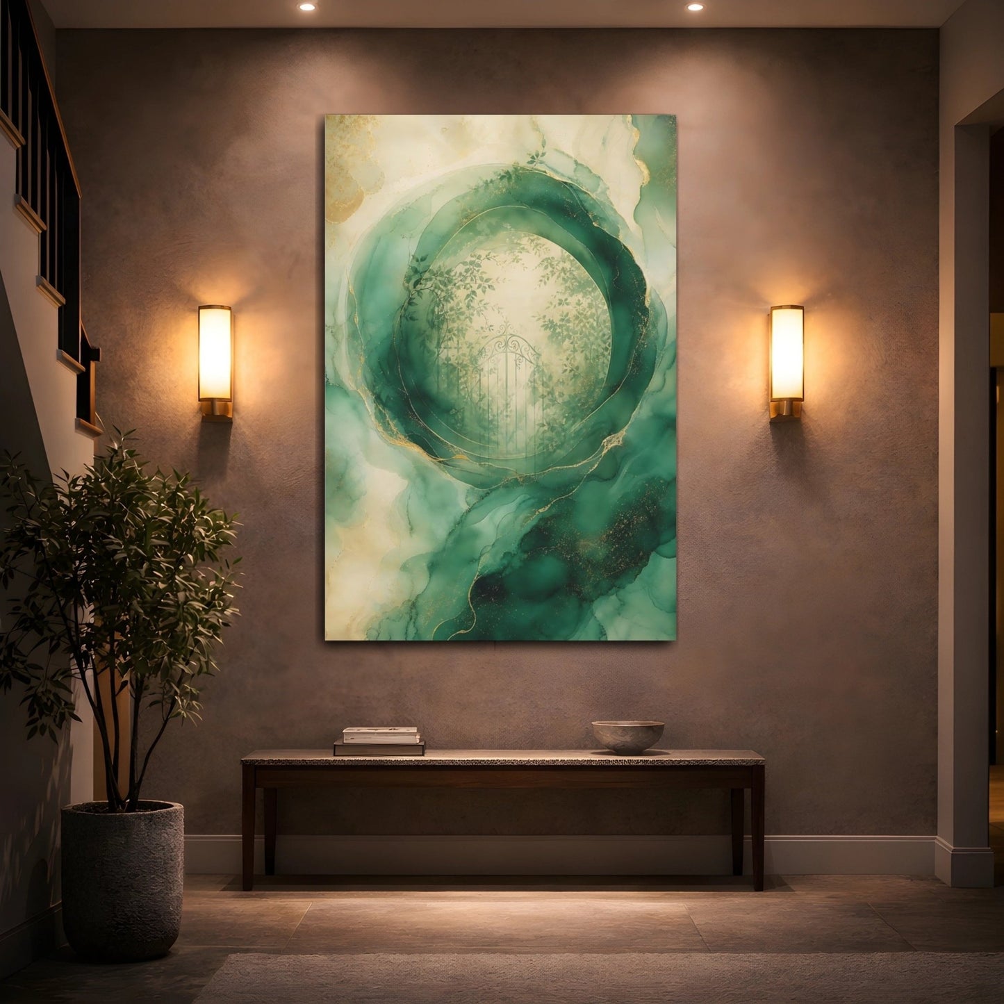 Nature Garden Gate Green And Gold Canvas Print – Living Room, Above Fireplace - YesArtYes