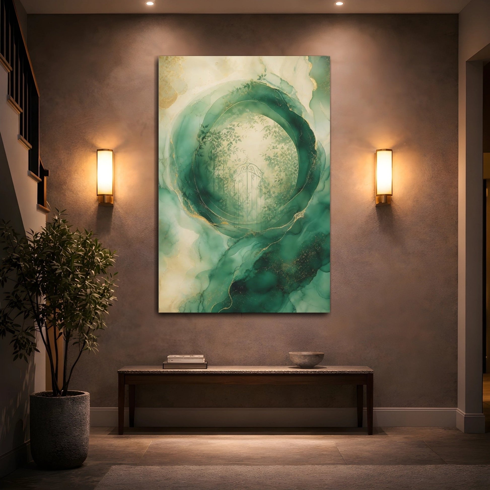 Nature Garden Gate Green And Gold Canvas Print – Living Room, Above Fireplace - YesArtYes
