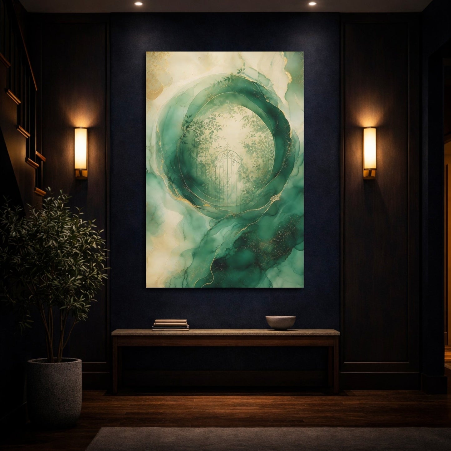 Nature Garden Gate Green And Gold Canvas Print – Living Room, Above Fireplace - YesArtYes