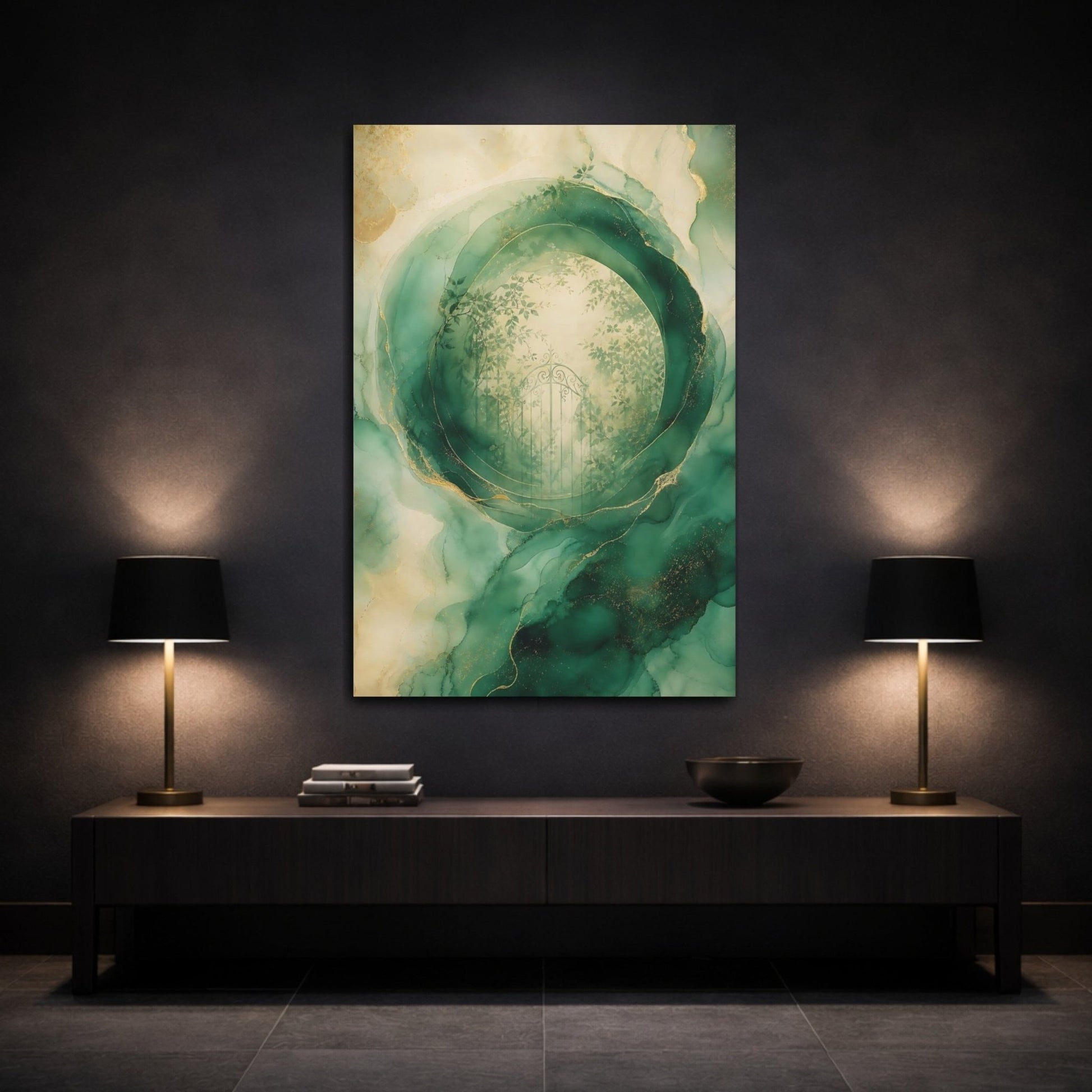 Nature Garden Gate Green And Gold Canvas Print – Living Room, Above Fireplace - YesArtYes