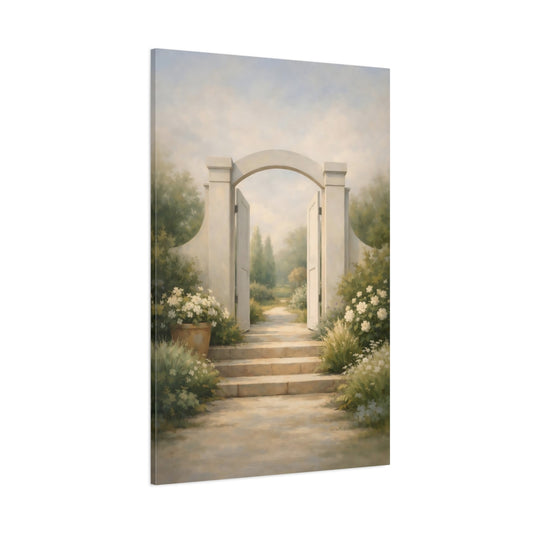 Main Mockup. Nature Garden Gate Serene Garden Path shown as stretched canvas wall art