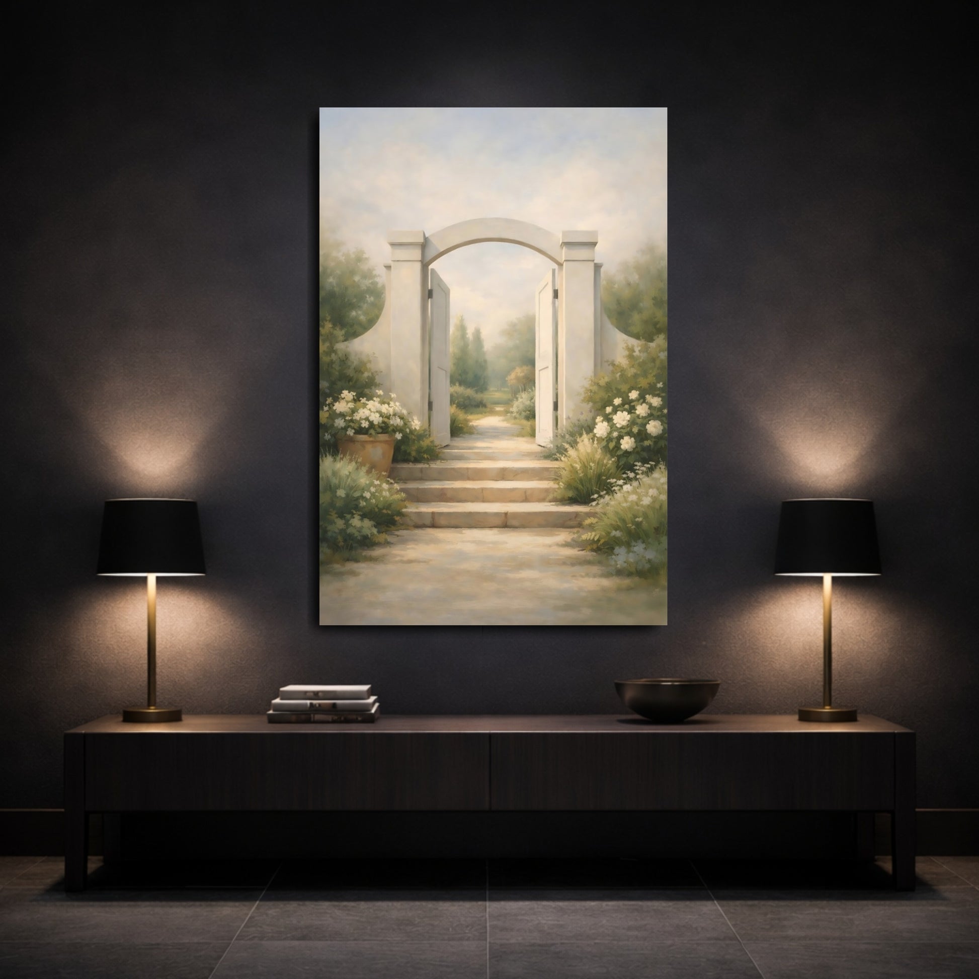 Mockup 2. Nature Garden Gate Serene Garden Path shown as stretched canvas wall art