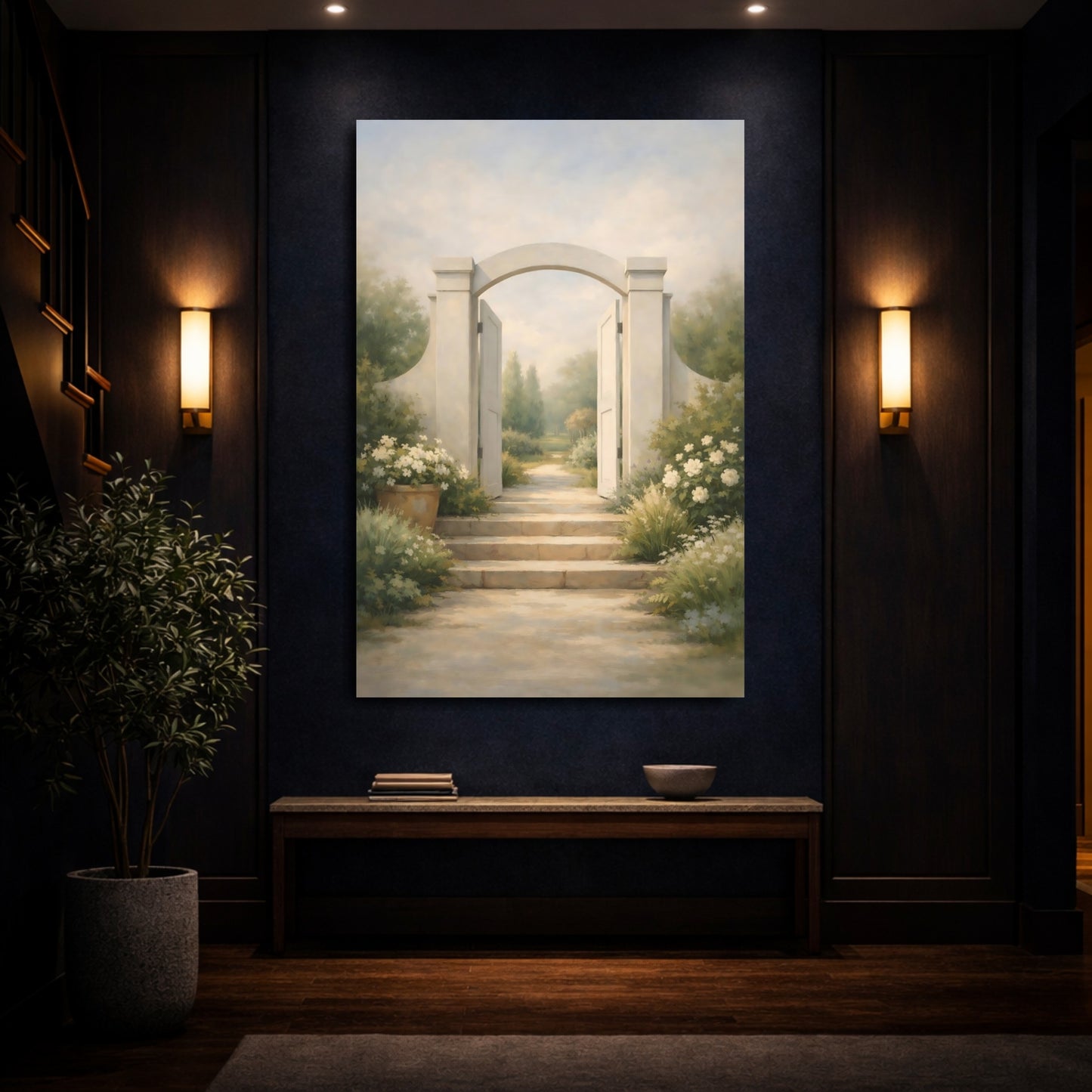 Mockup 3. Nature Garden Gate Serene Garden Path shown as stretched canvas wall art