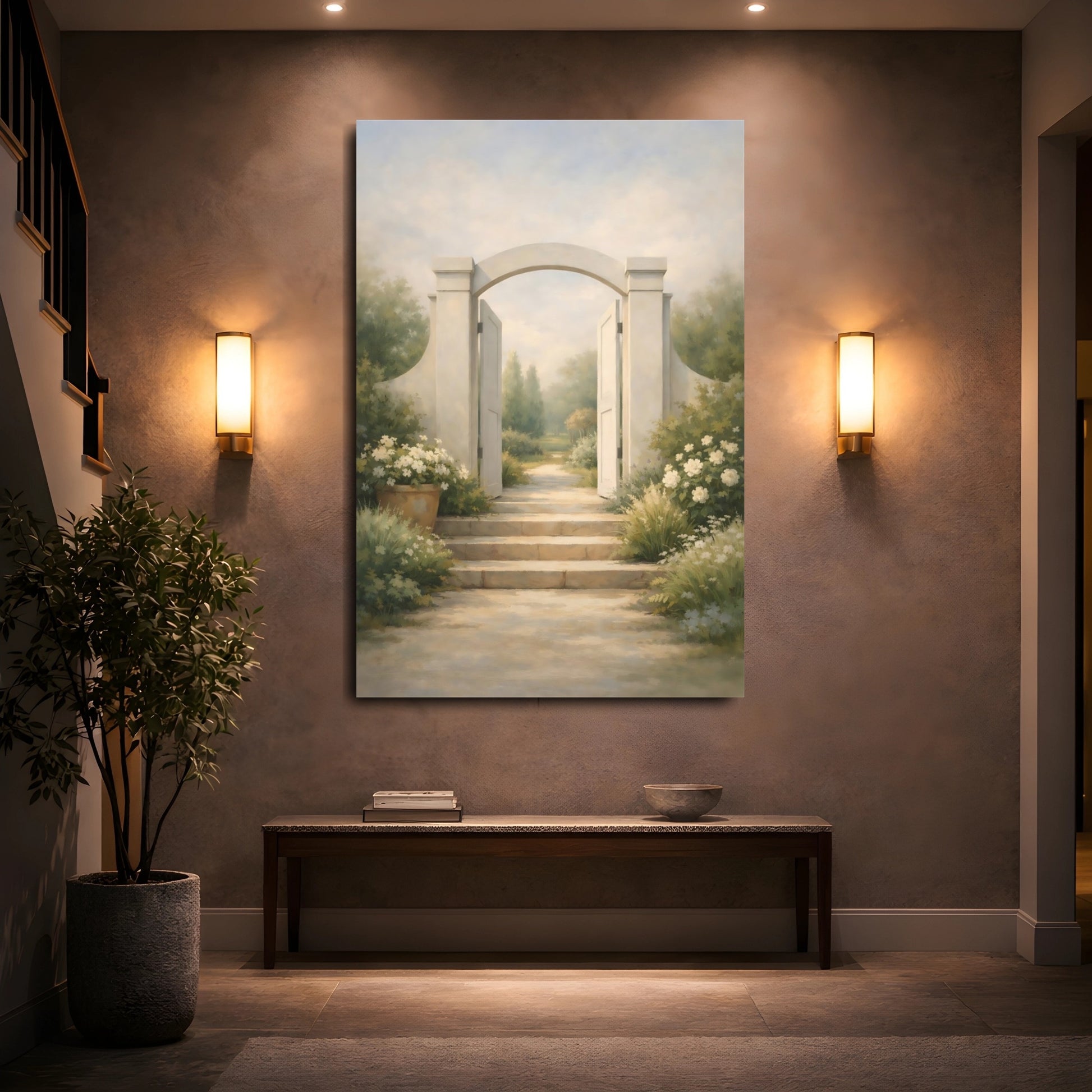 Mockup 4. Nature Garden Gate Serene Garden Path shown as stretched canvas wall art
