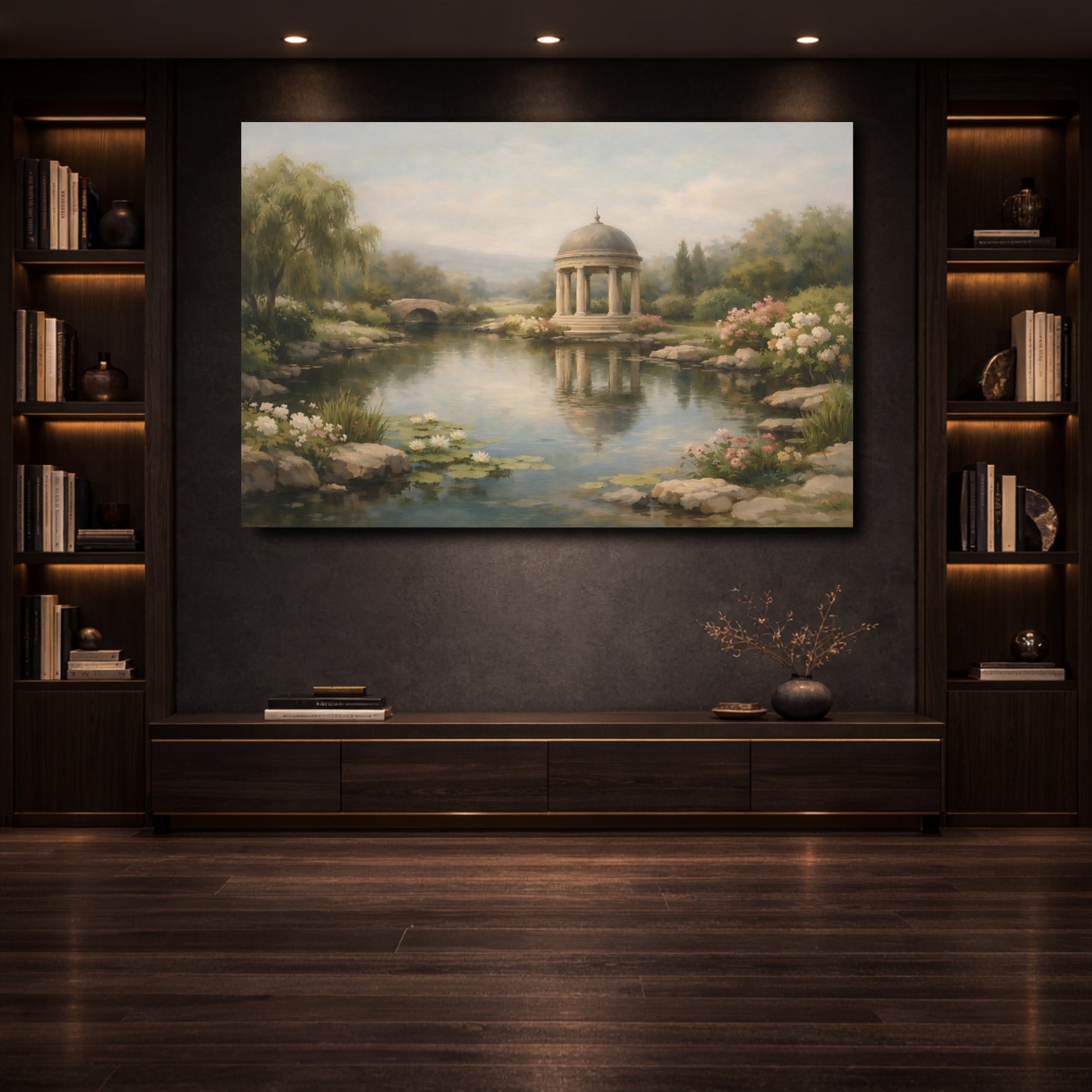 Mockup 3. Nature Garden Gazebo Garden Pond Gazebo shown as stretched canvas wall art