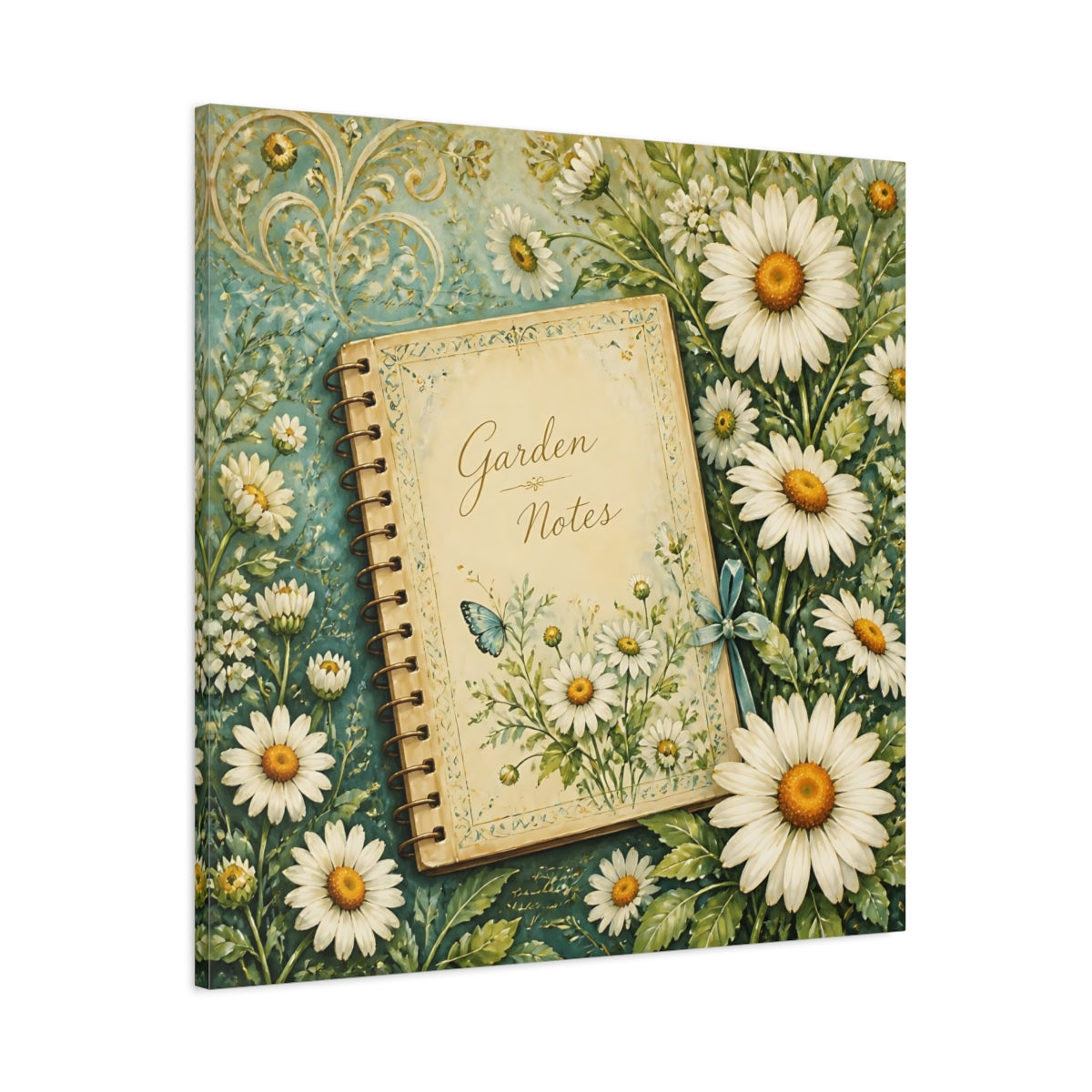 Main Mockup. Nature Garden Journal Daisies And Teal shown as stretched canvas wall art