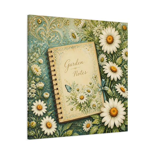 Main Mockup. Nature Garden Journal Daisies And Teal shown as stretched canvas wall art