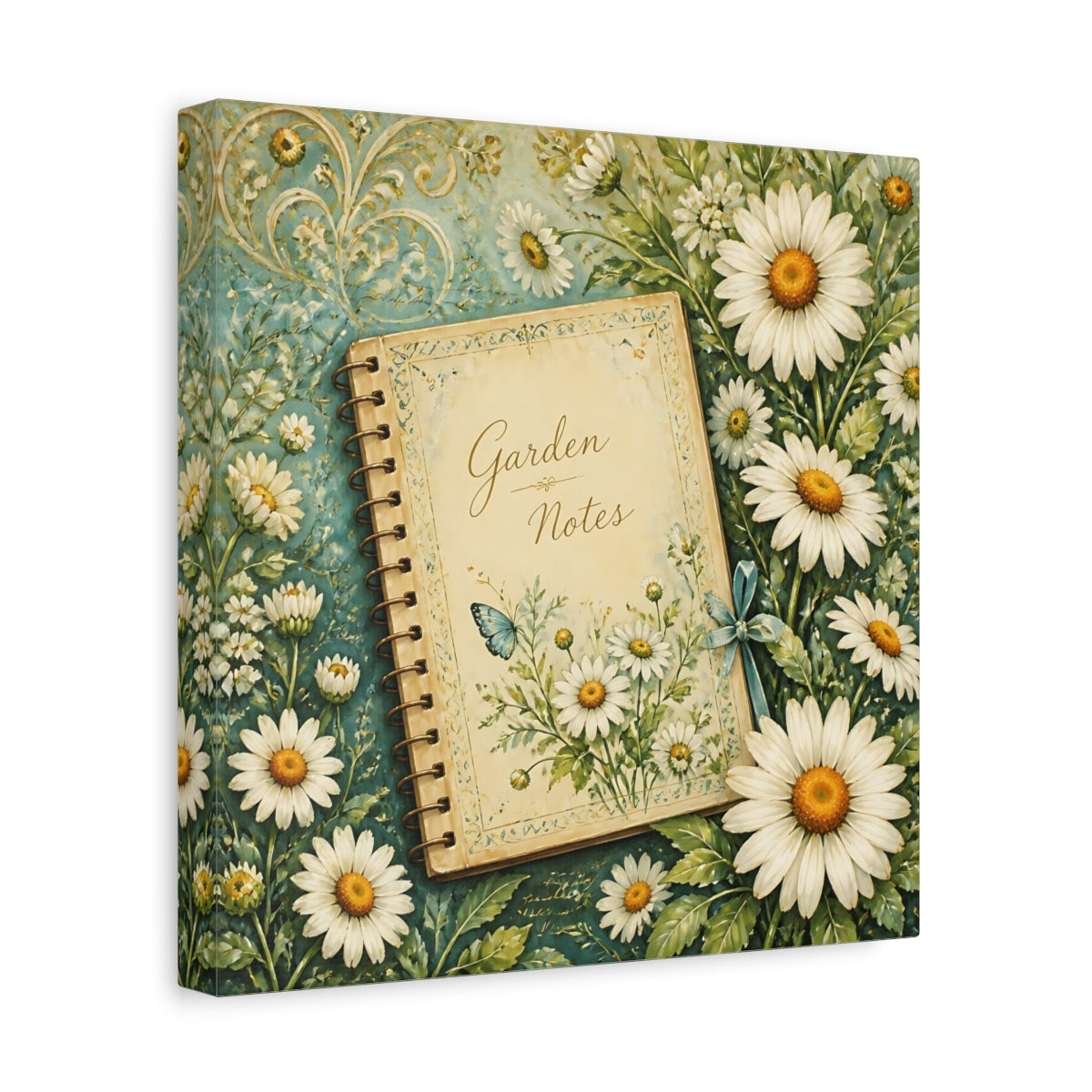 Side Mockup 8. Nature Garden Journal Daisies And Teal shown as stretched canvas wall art