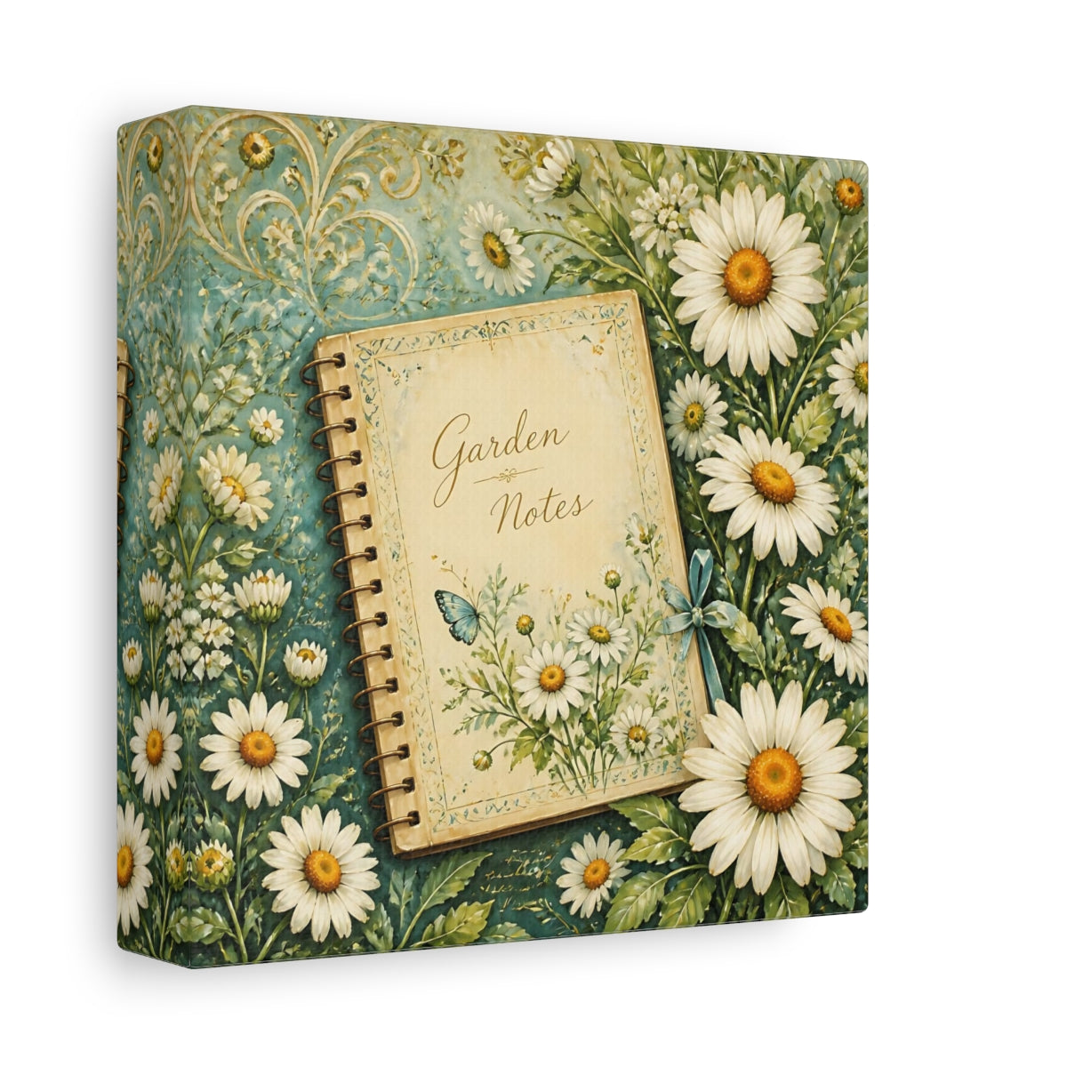 Side Mockup 2. Nature Garden Journal Daisies And Teal shown as stretched canvas wall art