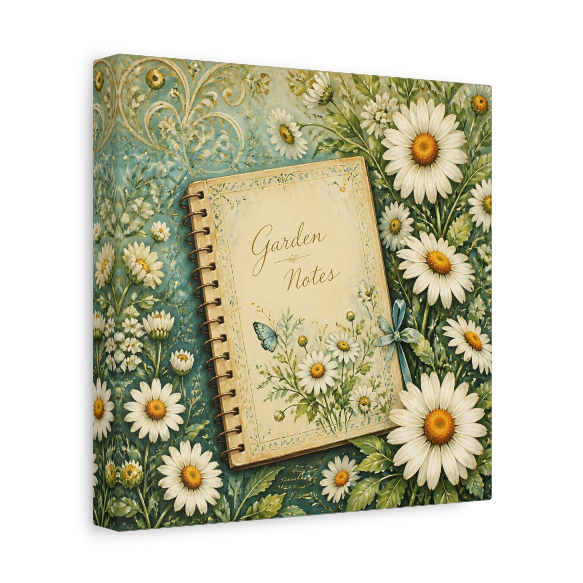Side Mockup 9. Nature Garden Journal Daisies And Teal shown as stretched canvas wall art