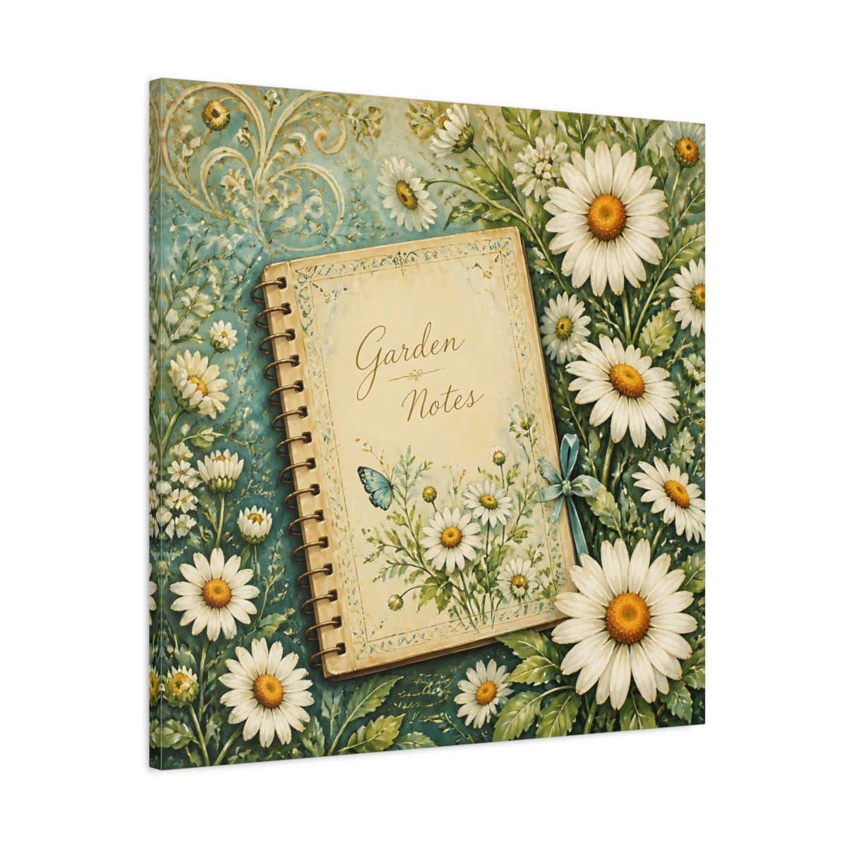 Side Mockup 3. Nature Garden Journal Daisies And Teal shown as stretched canvas wall art