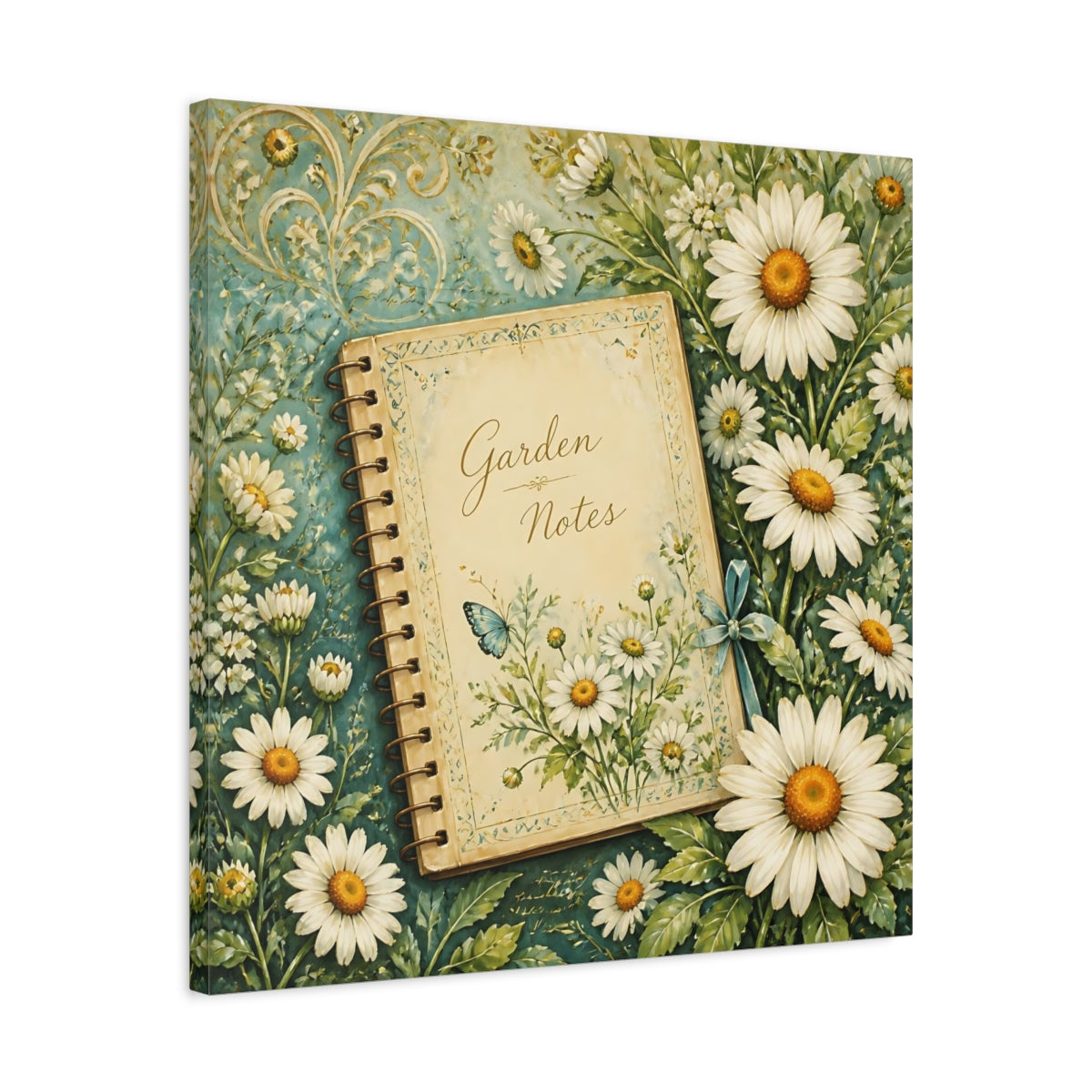 Side Mockup 4. Nature Garden Journal Daisies And Teal shown as stretched canvas wall art