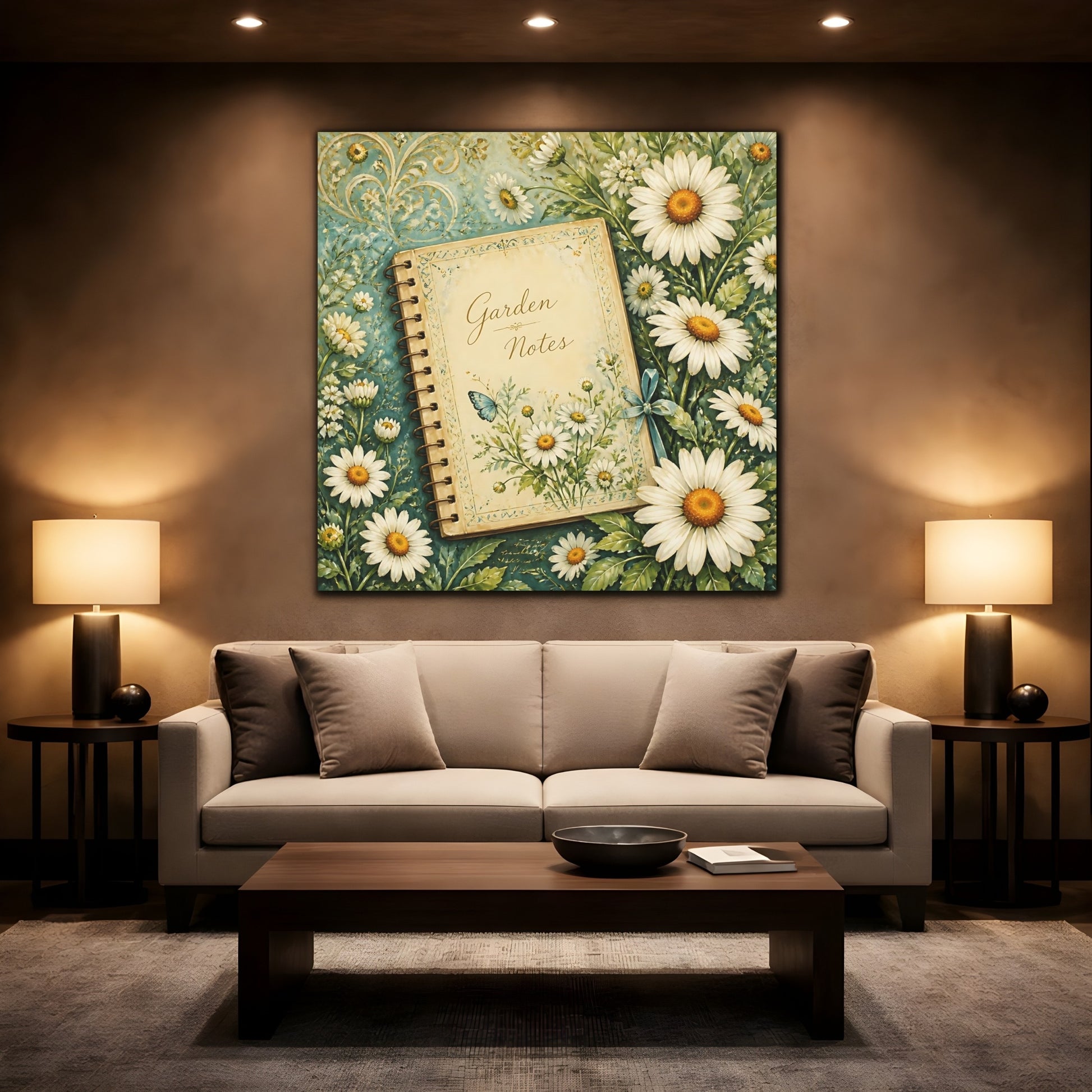 Mockup 2. Nature Garden Journal Daisies And Teal shown as stretched canvas wall art