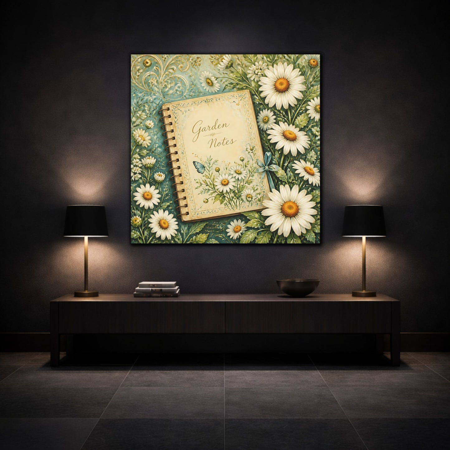 Mockup 3. Nature Garden Journal Daisies And Teal shown as stretched canvas wall art