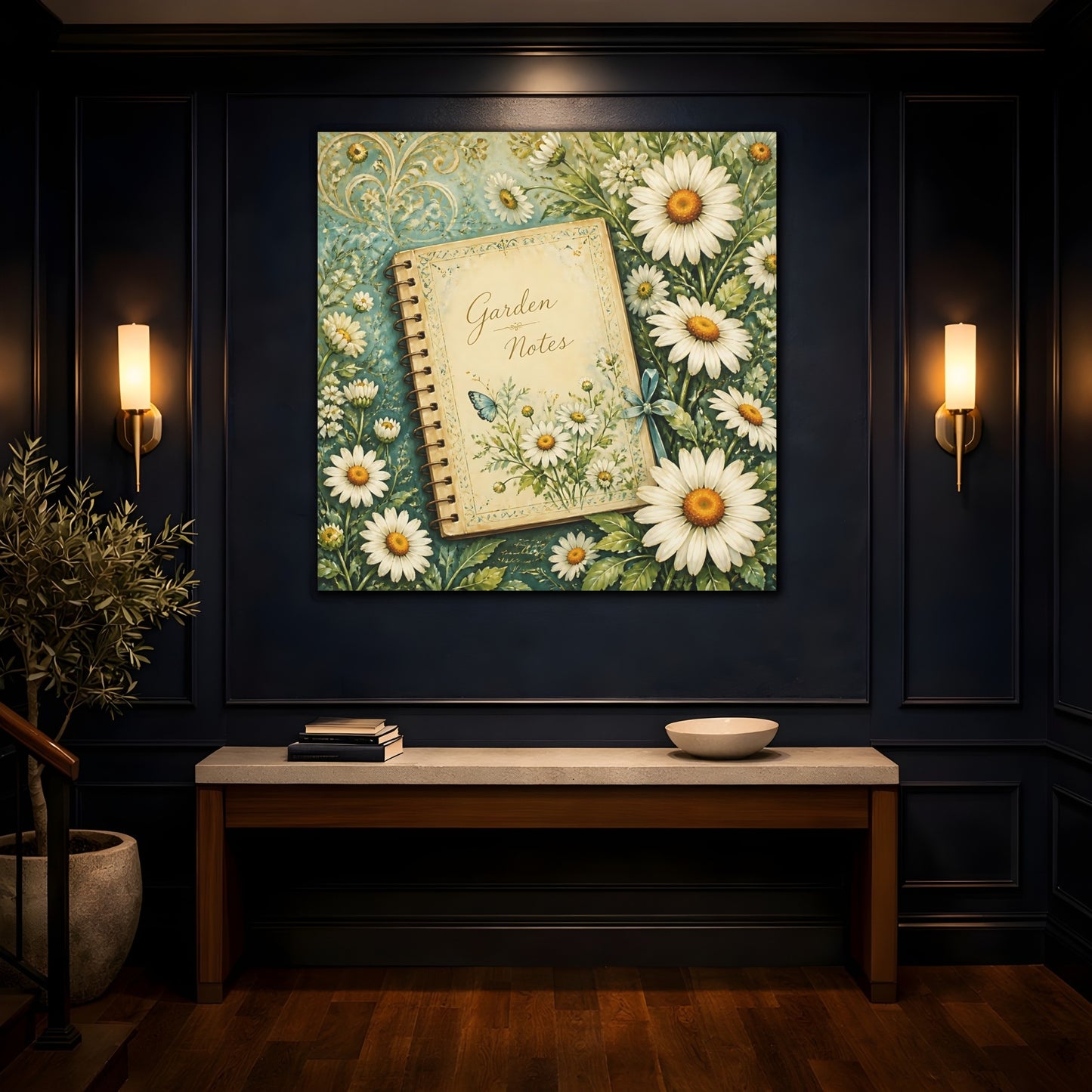 Mockup 4. Nature Garden Journal Daisies And Teal shown as stretched canvas wall art