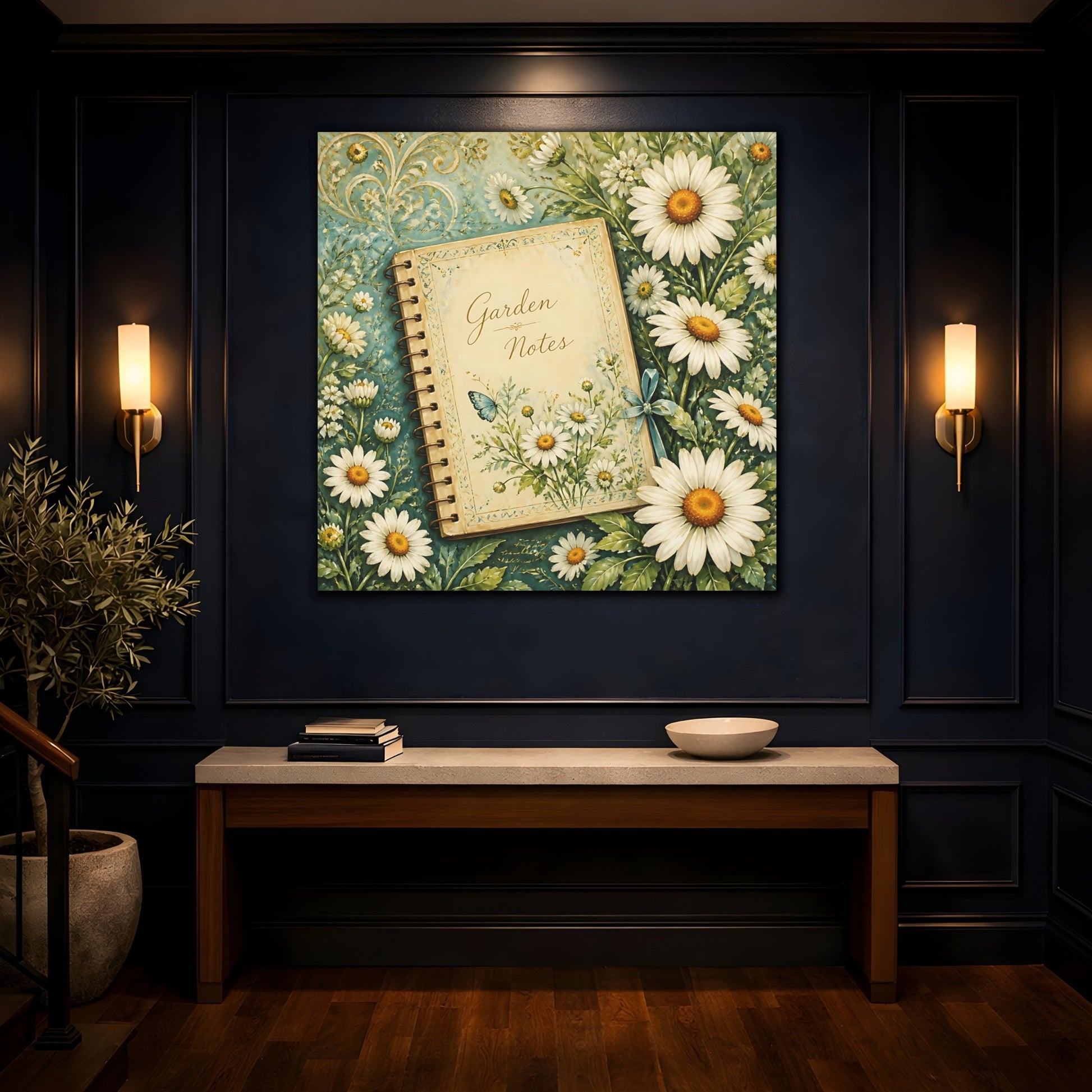 Mockup 4. Nature Garden Journal Daisies And Teal shown as stretched canvas wall art