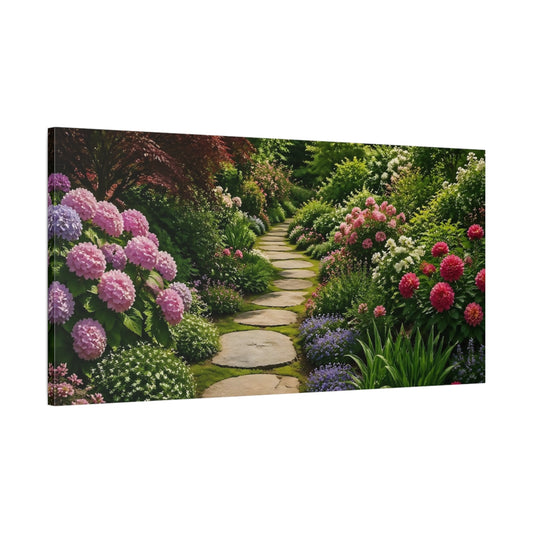 Main Mockup. Nature Garden Path Colorful Garden shown as stretched canvas wall art