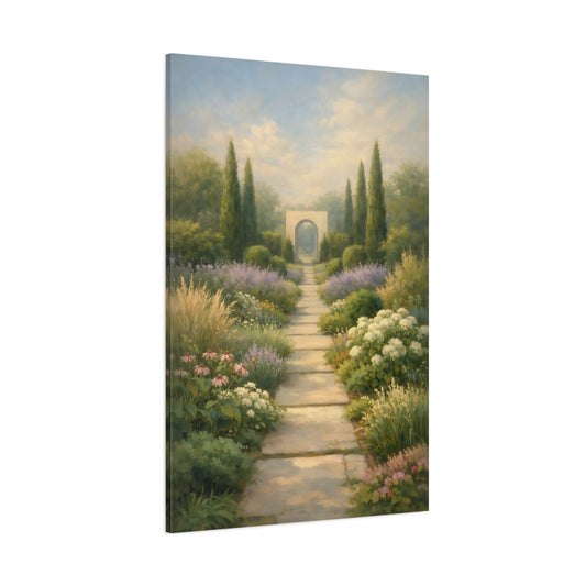 Main Mockup. Nature Garden Path Garden Archway Scene shown as stretched canvas wall art