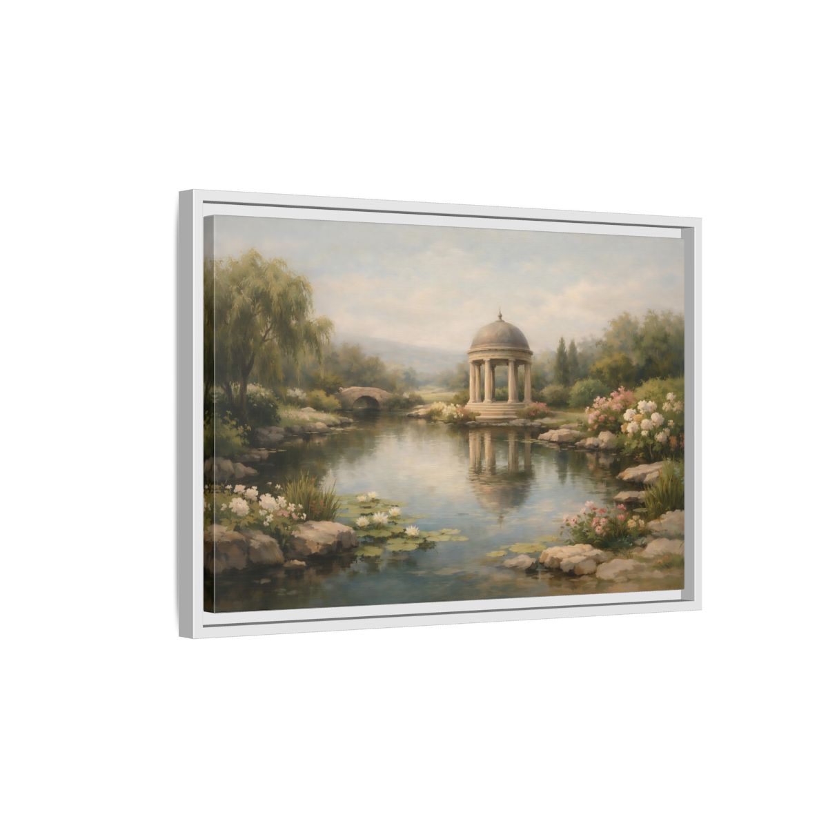 Side Mockup 1. Nature Garden Pavilion Muted Landscape shown as stretched canvas wall art