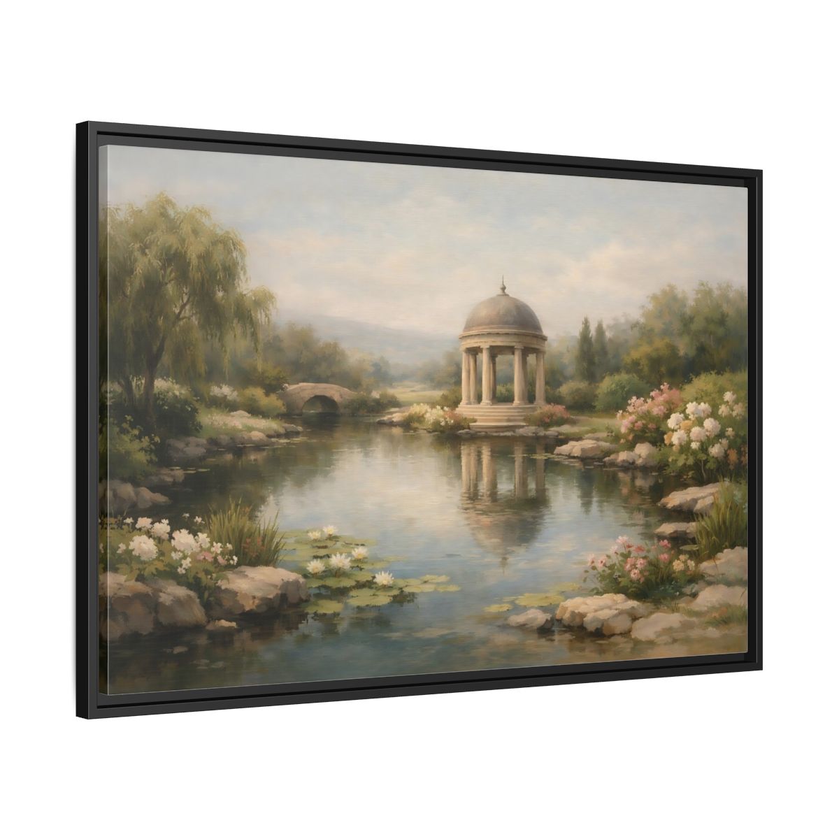 Side Mockup 13. Nature Garden Pavilion Muted Landscape shown as stretched canvas wall art