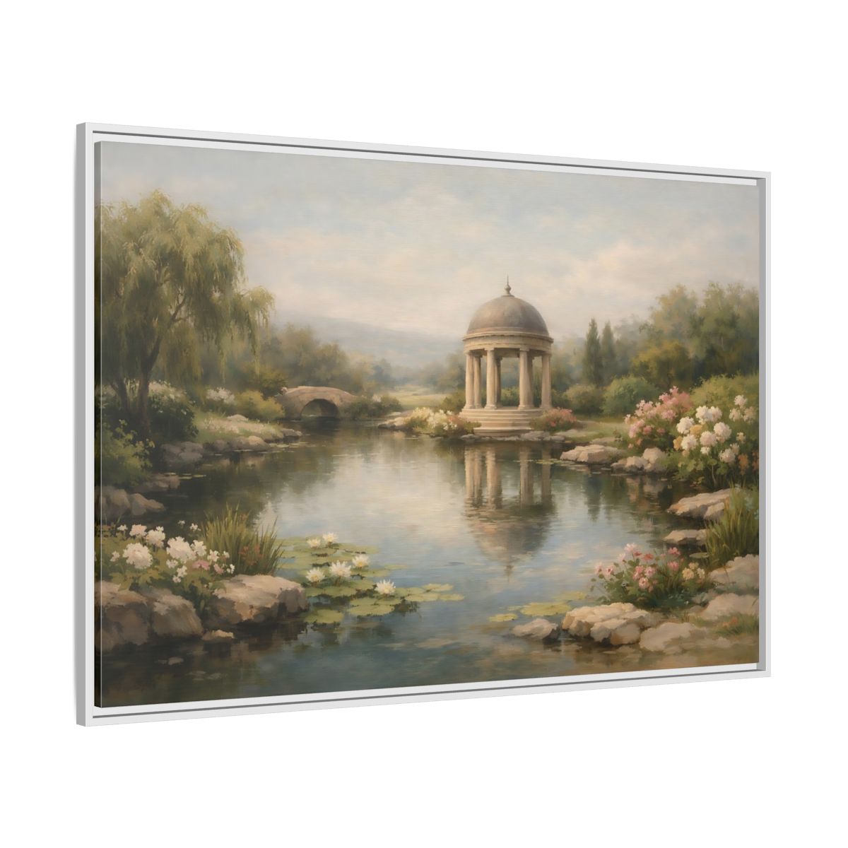 Side Mockup 7. Nature Garden Pavilion Muted Landscape shown as stretched canvas wall art