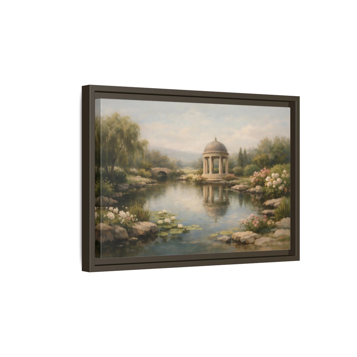 Side Mockup 5. Nature Garden Pavilion Muted Landscape shown as stretched canvas wall art