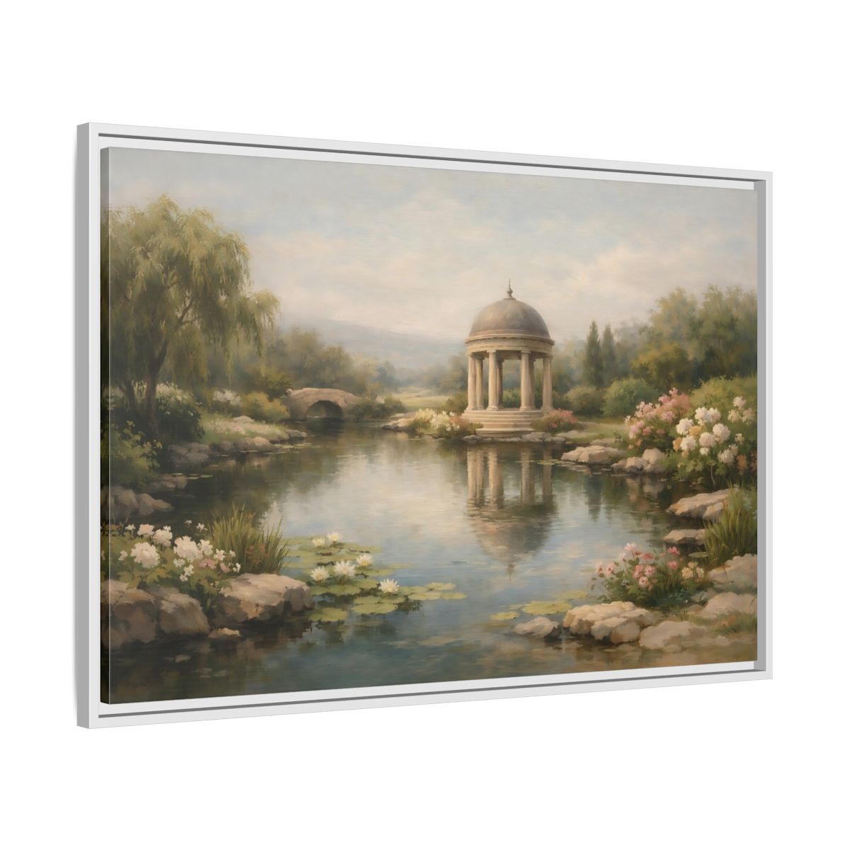 Side Mockup 8. Nature Garden Pavilion Muted Landscape shown as stretched canvas wall art