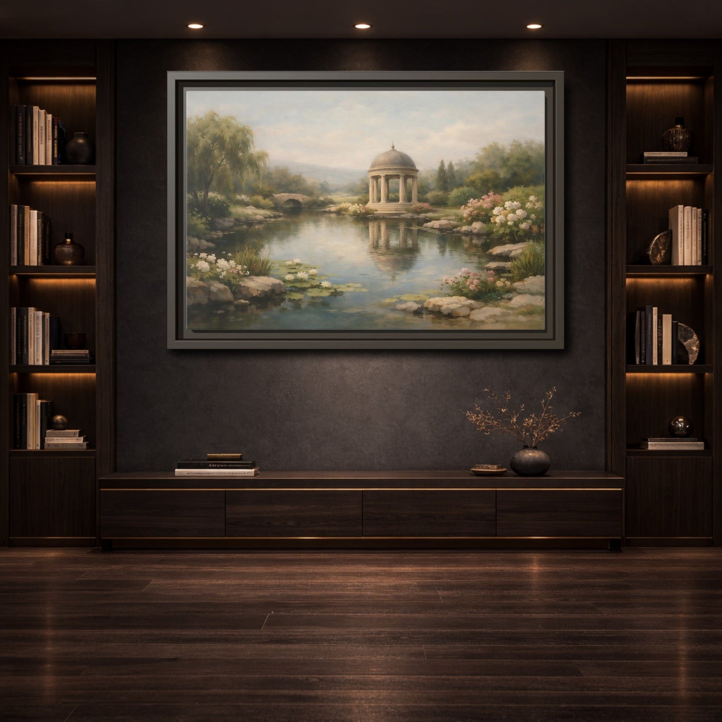 Mockup 3. Nature Garden Pavilion Muted Landscape shown as stretched canvas wall art