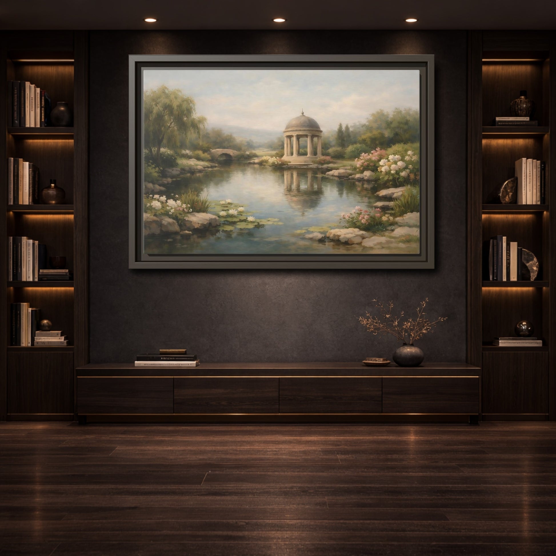 Mockup 3. Nature Garden Pavilion Muted Landscape shown as stretched canvas wall art