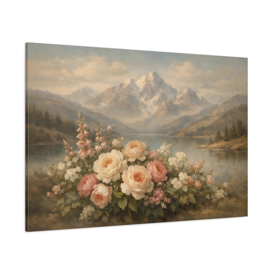 Main Mockup. Nature Garden Roses Pastel Mountain Floral shown as stretched canvas wall art