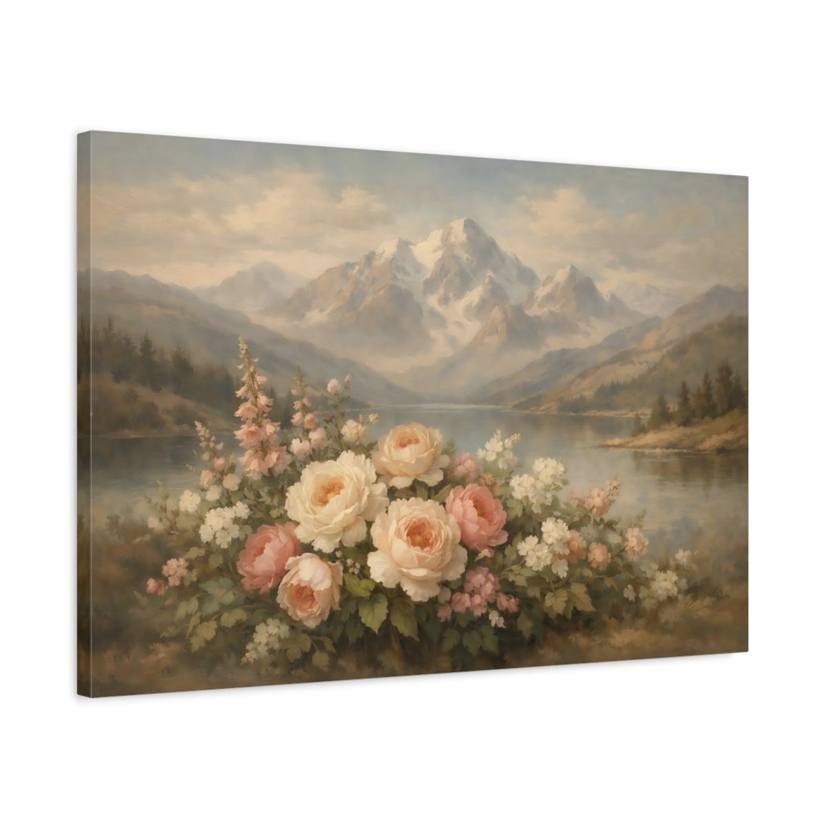 Side Mockup 2. Nature Garden Roses Pastel Mountain Floral shown as stretched canvas wall art