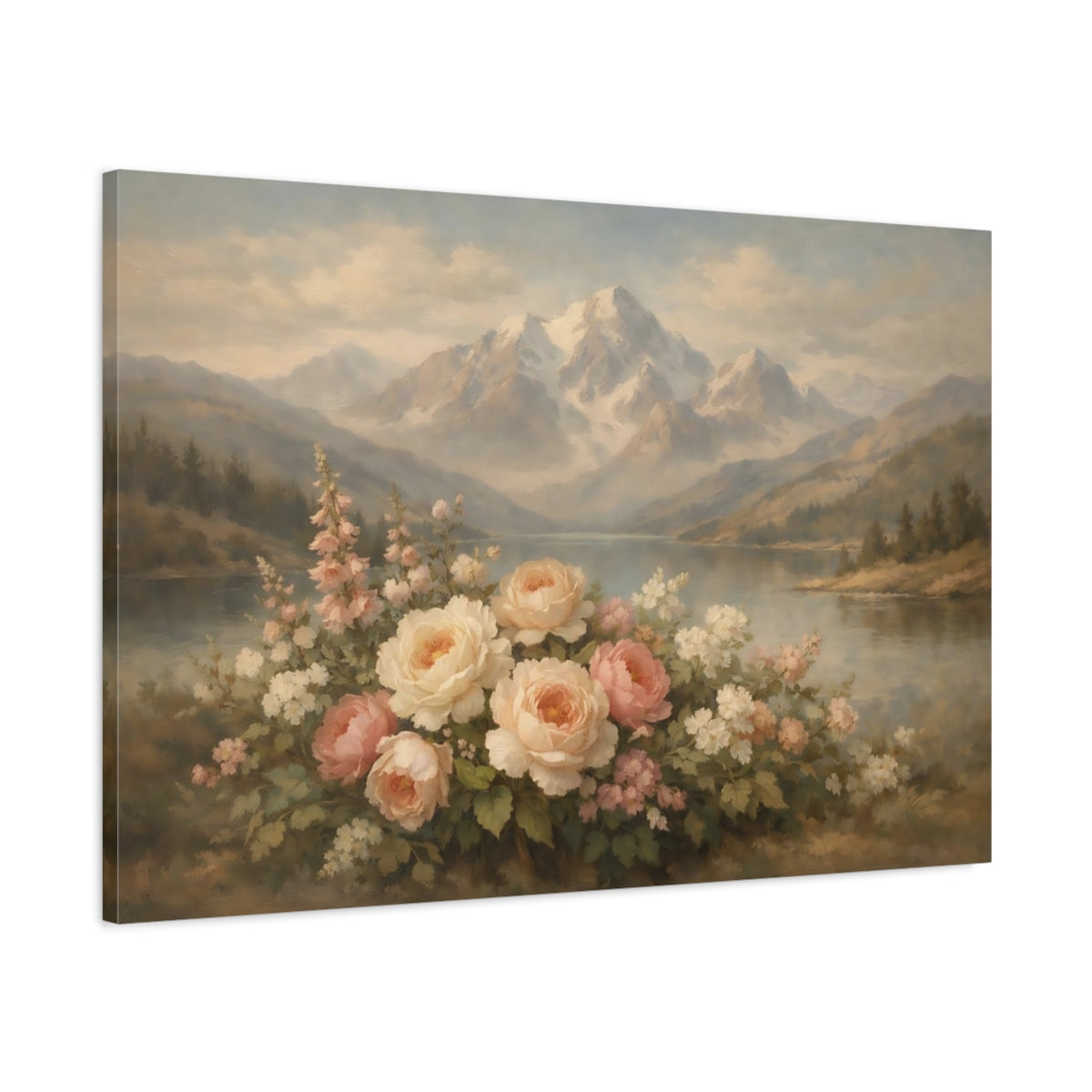 Side Mockup 1. Nature Garden Roses Pastel Mountain Floral shown as stretched canvas wall art