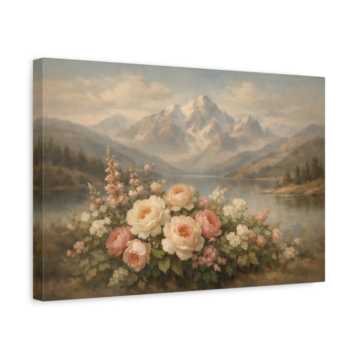 Side Mockup 4. Nature Garden Roses Pastel Mountain Floral shown as stretched canvas wall art