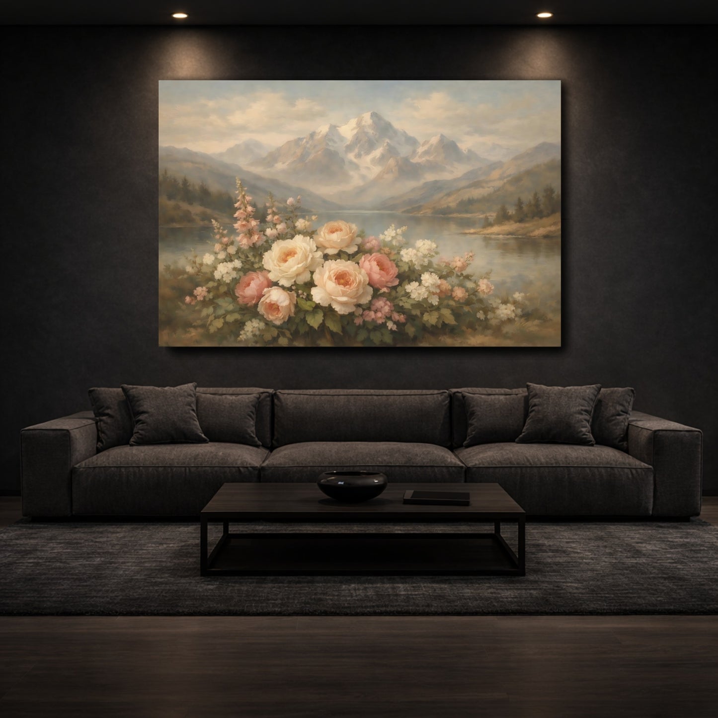Mockup 2. Nature Garden Roses Pastel Mountain Floral shown as stretched canvas wall art