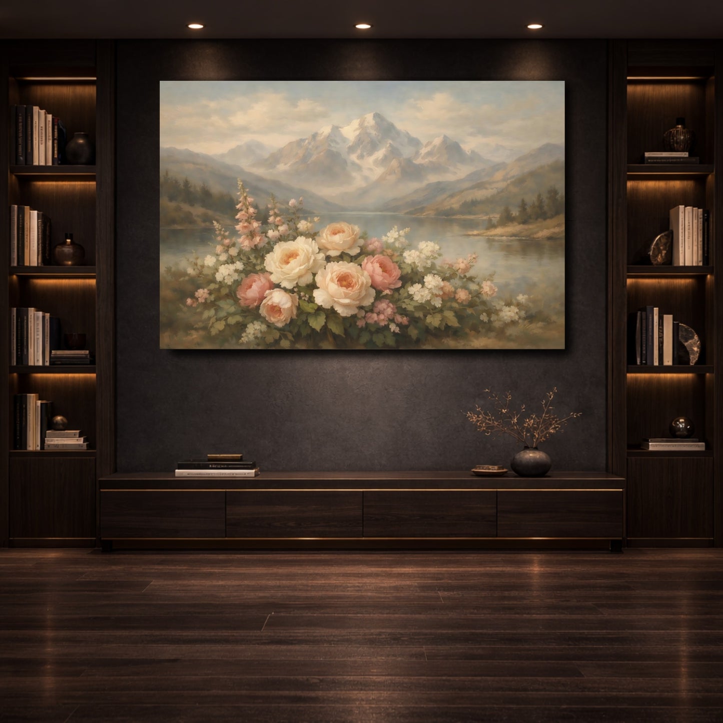 Mockup 3. Nature Garden Roses Pastel Mountain Floral shown as stretched canvas wall art