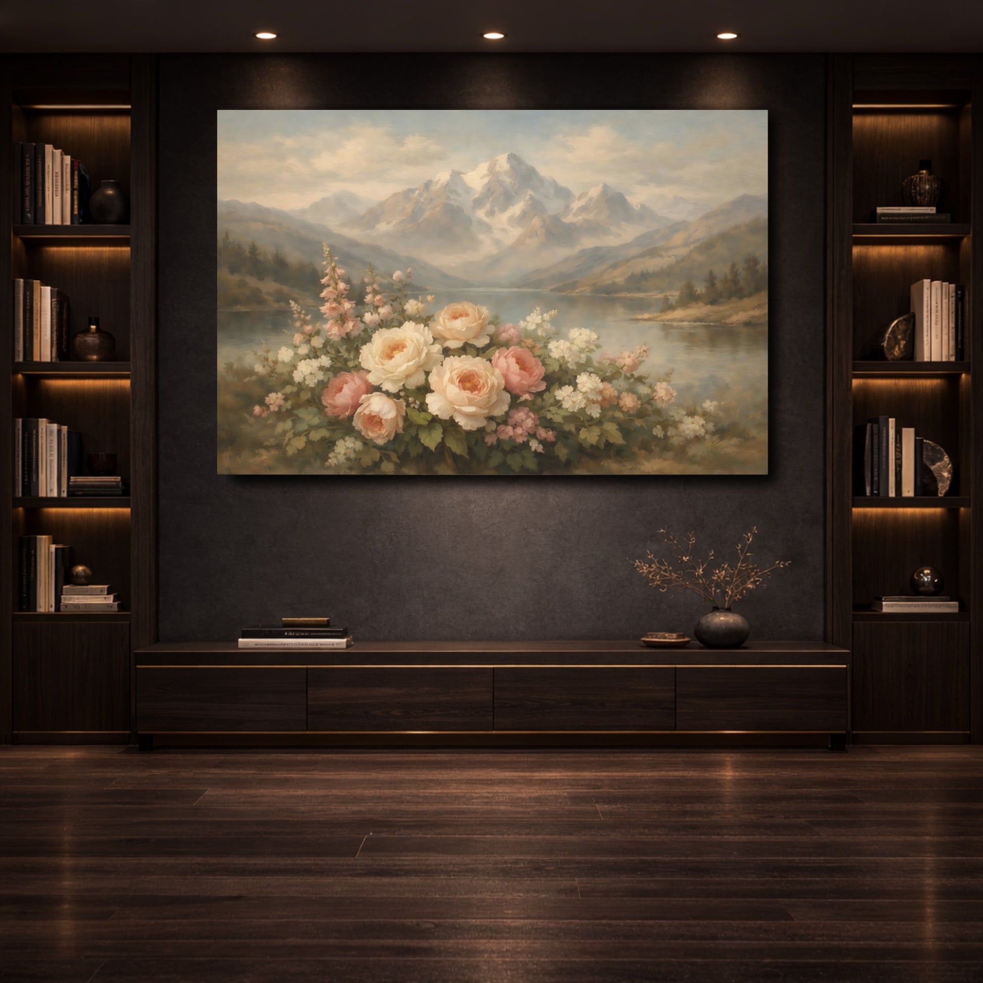 Mockup 3. Nature Garden Roses Pastel Mountain Floral shown as stretched canvas wall art