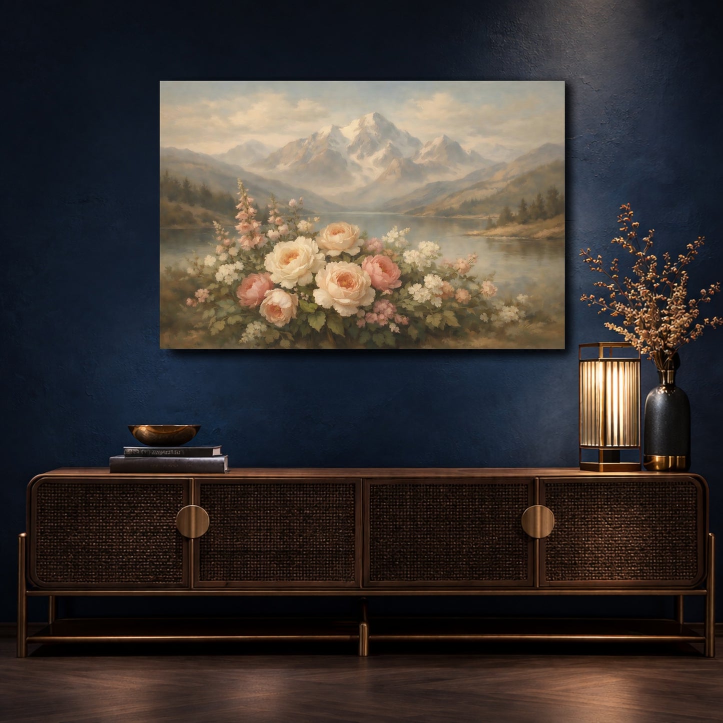 Mockup 4. Nature Garden Roses Pastel Mountain Floral shown as stretched canvas wall art